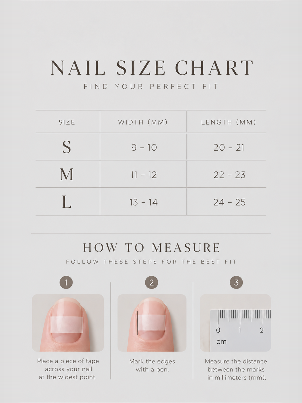 OVANA guide to choosing S, M or L press-on nail sizes