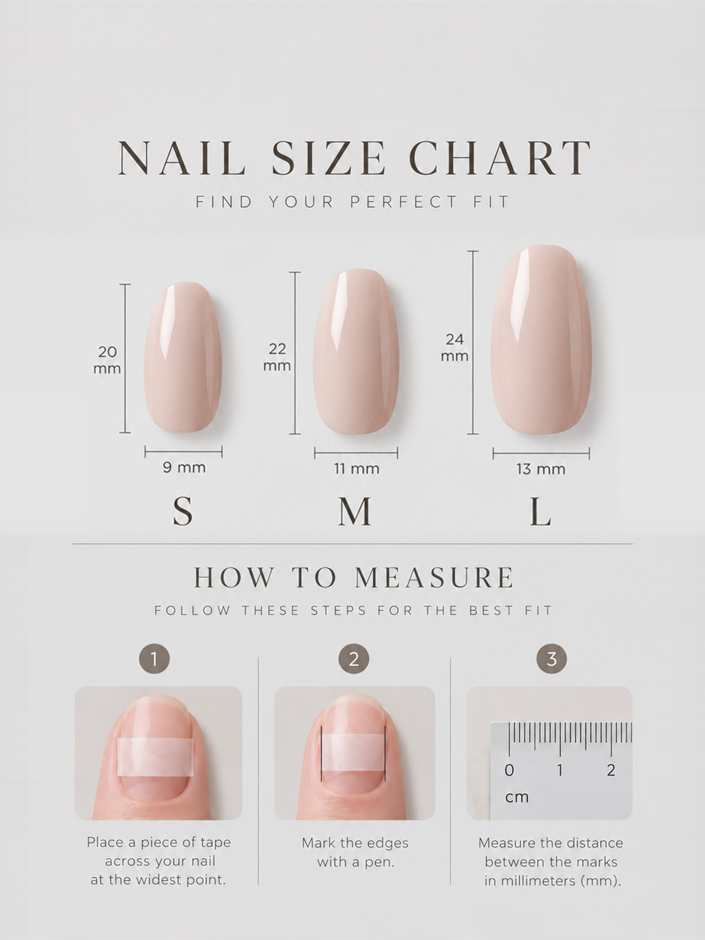 OVANA guide to choosing S, M or L press-on nail sizes