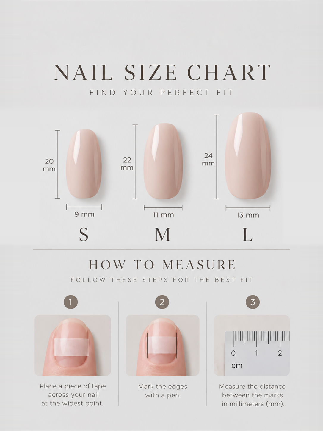 OVANA guide to choosing S, M or L press-on nail sizes
