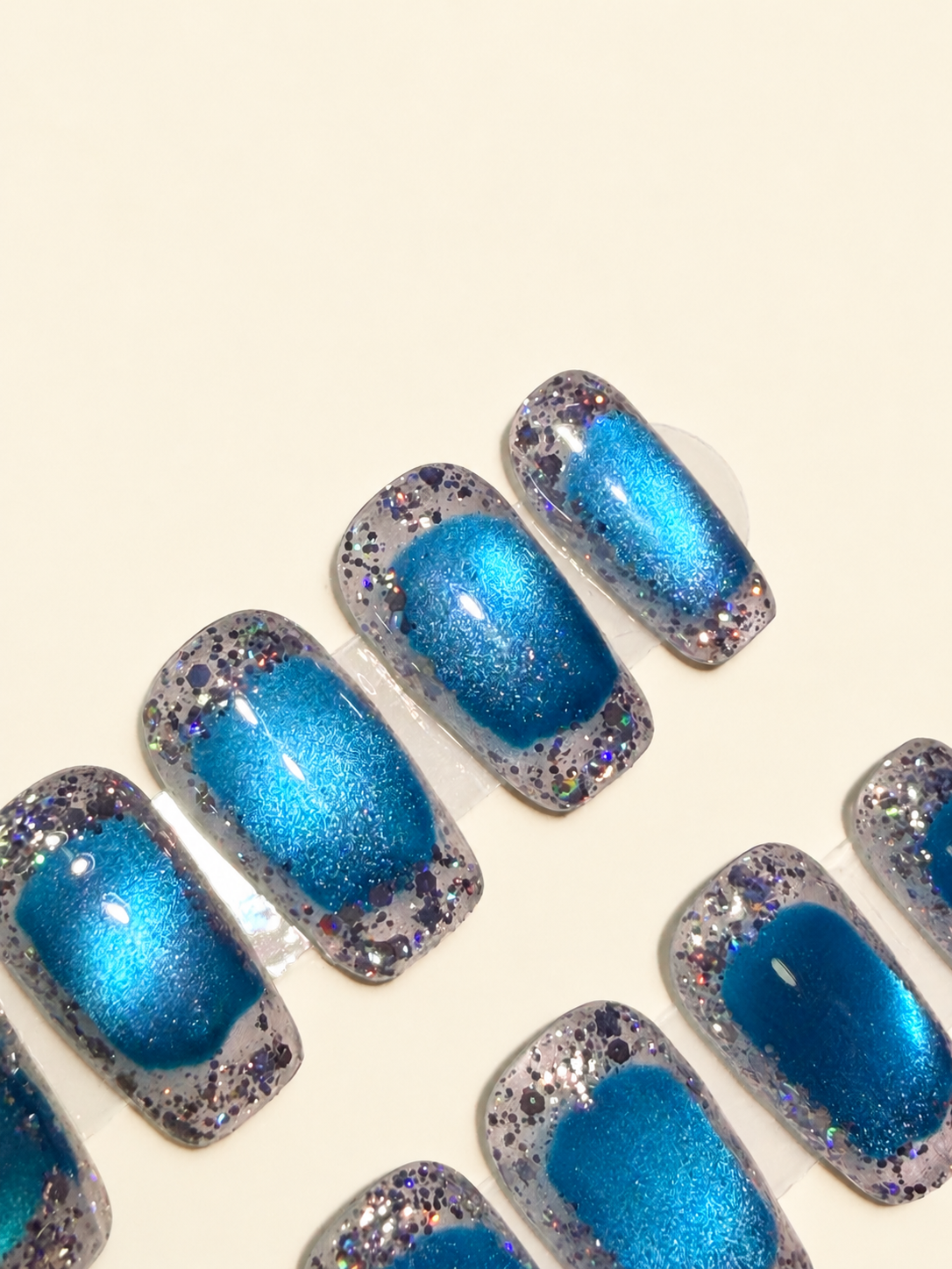 Silver Lagoon | Handmade Blue Glitter Press-On Nails | OVANA