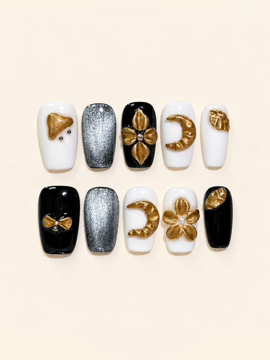 Gilded Moon Noir | Black & Gold 3D Press-On Nails | OVANA