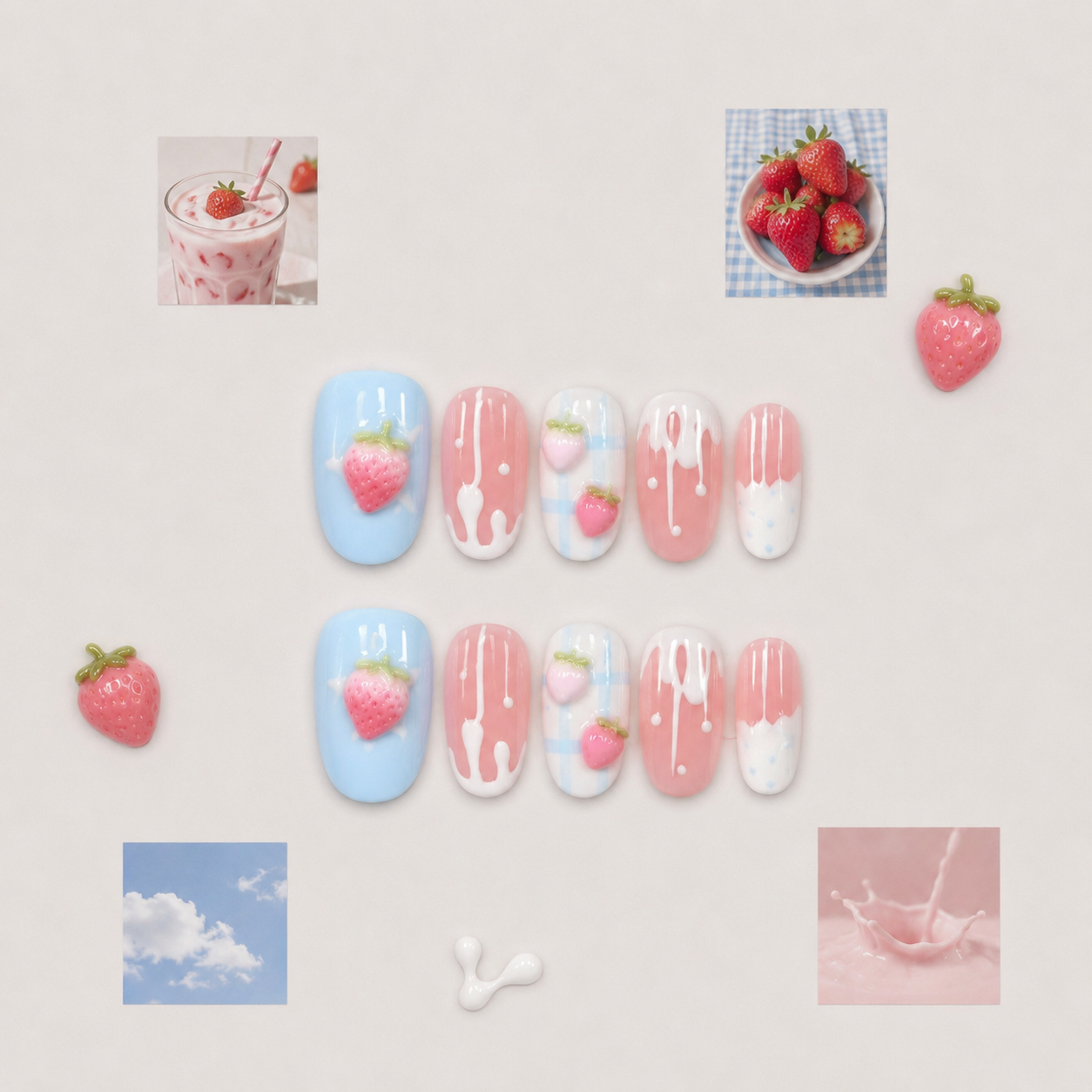 Strawberry Milk | 3D Strawberry Press-On Nails | OVANA