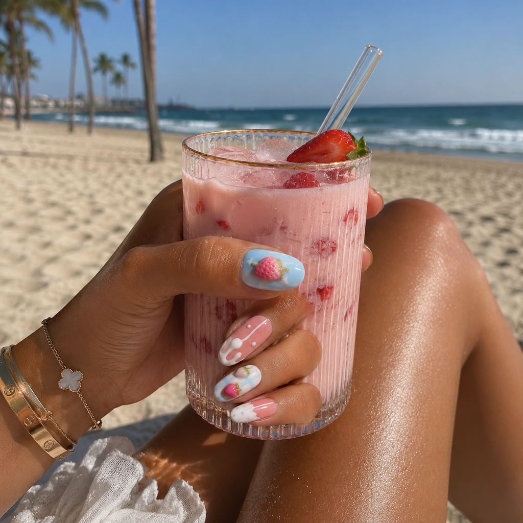 Strawberry Milk | 3D Strawberry Press-On Nails | OVANA