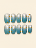 OVANA silver-to-teal gradient square press-on nails with yellow polka dots