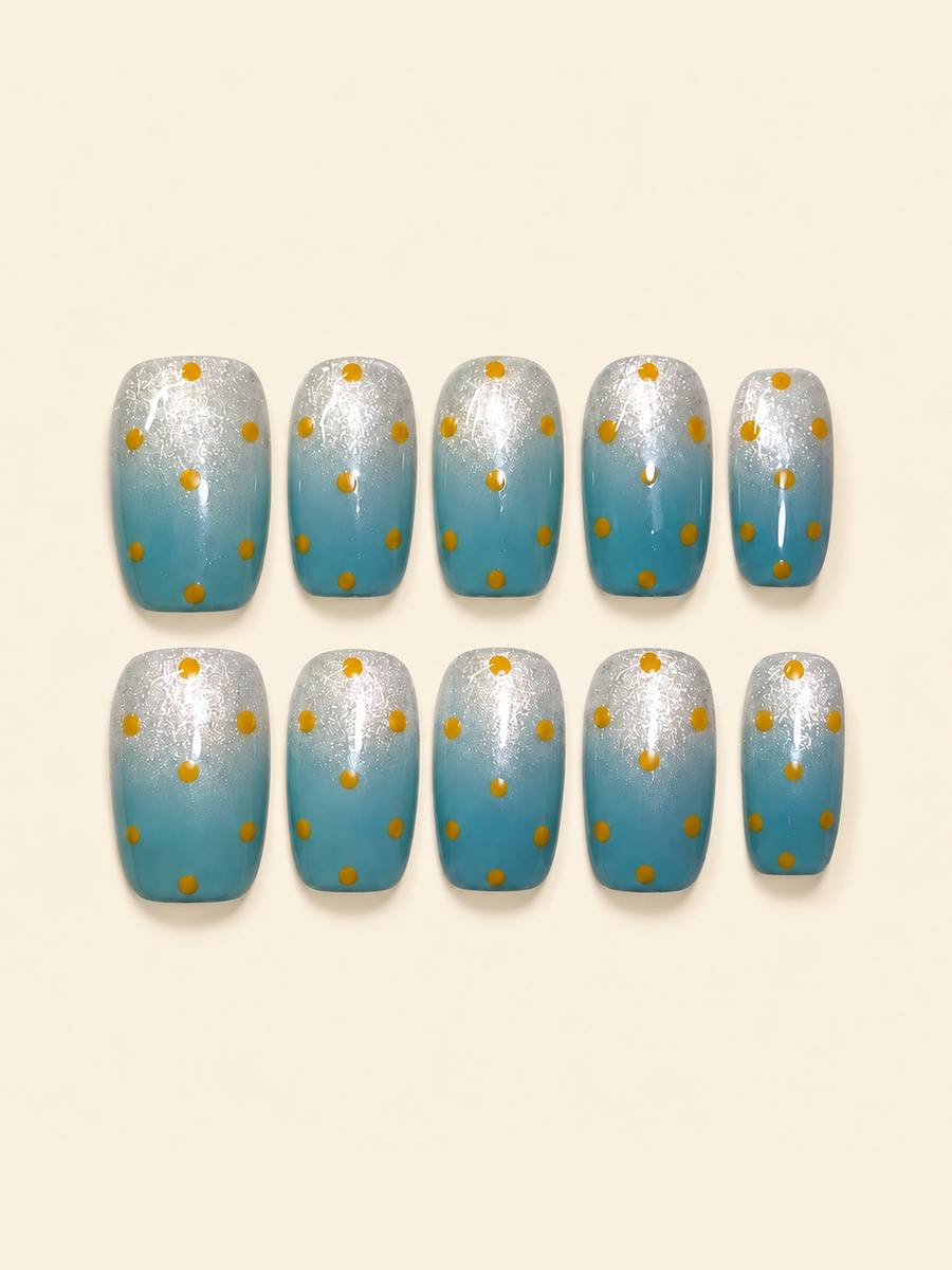 OVANA silver-to-teal gradient square press-on nails with yellow polka dots