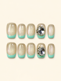 OVANA mint green and champagne glitter square press-on nails with oversized crystal accents