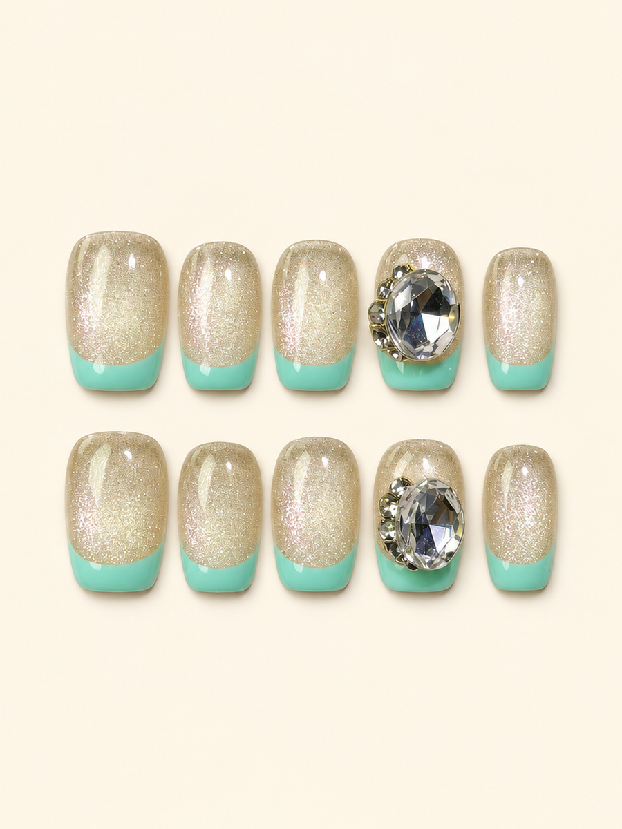 OVANA mint green and champagne glitter square press-on nails with oversized crystal accents